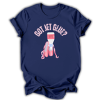 Navy t-shirt with 'Got Jet Glue?' graphic design featuring a bottle and ballet shoes on a white background.