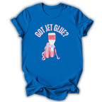 Blue t-shirt with a graphic of pink shoes and glue bottle, text 'GOT JET GLUE?' on a white background