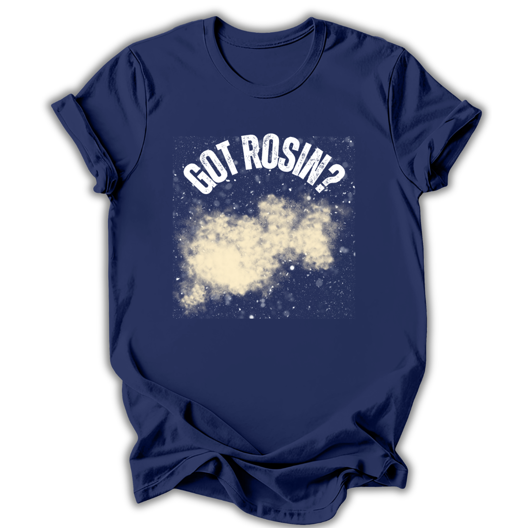 Navy blue t-shirt with 'GOT ROSIN?' text and white cloud graphic on a white background