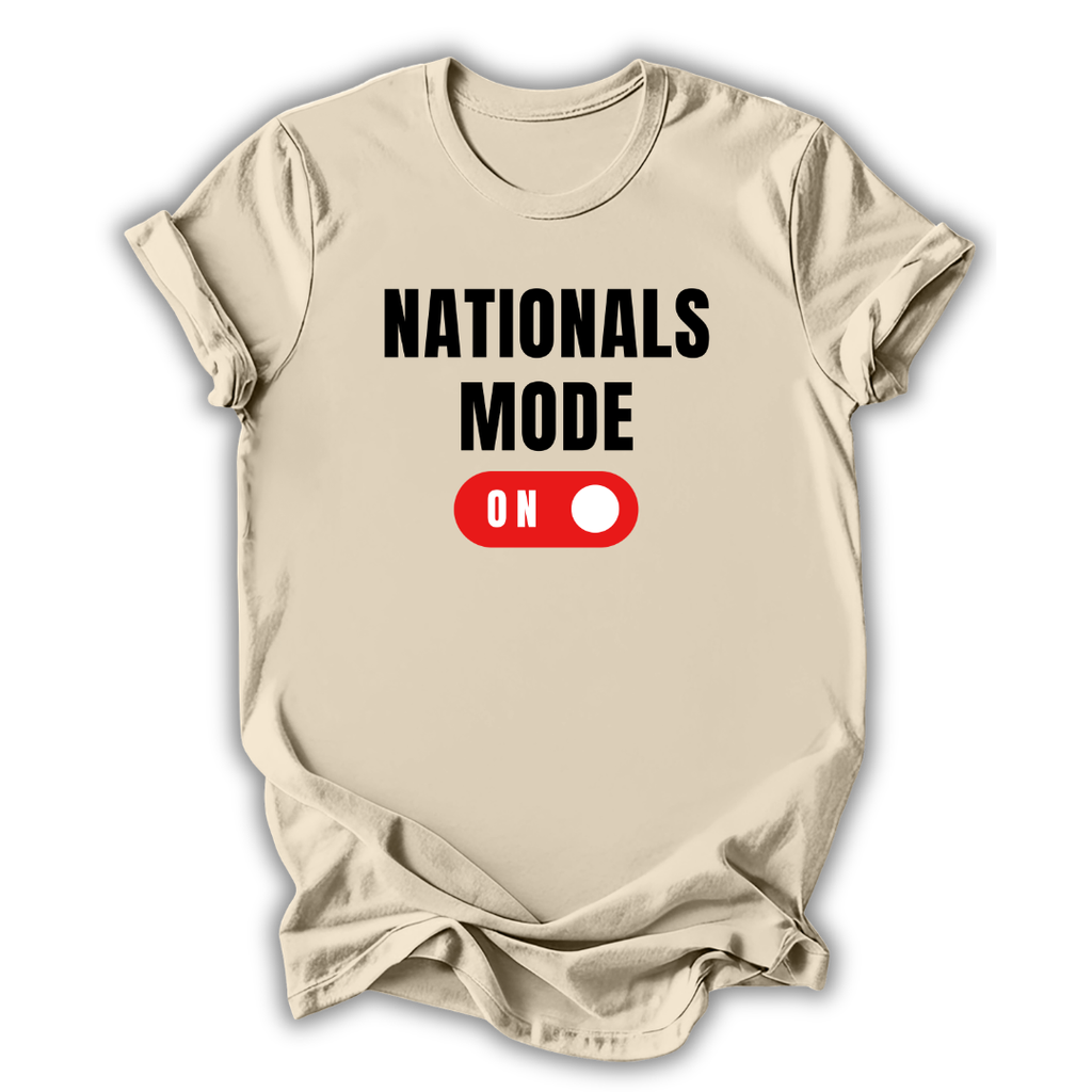 Beige t-shirt with 'NATIONALS MODE ON' text and red toggle button graphic on a white background