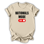 Beige t-shirt with 'NATIONALS MODE ON' text and red toggle button graphic on a white background
