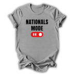 Gray t-shirt with 'NATIONALS MODE ON' text and red button graphic on a white background