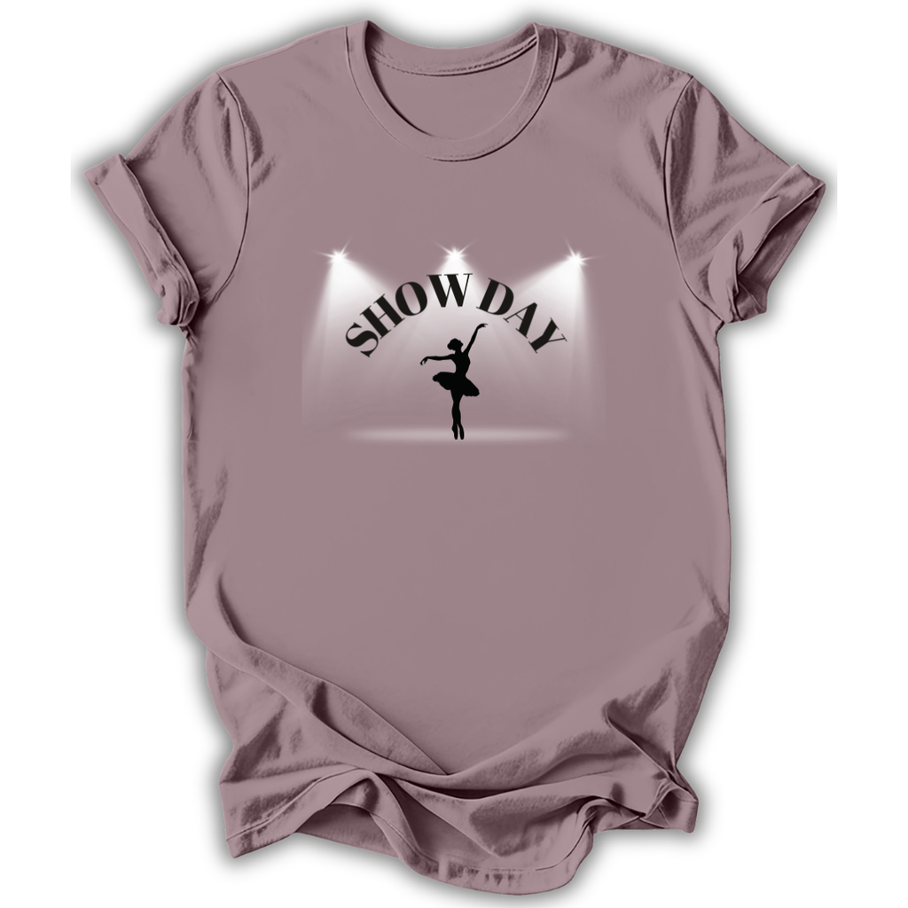 Mauve t-shirt with 'SHOW DAY' and a dancer graphic on a white background