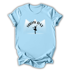Light blue t-shirt with 'SHOW DAY' and a dancer silhouette design on a white background