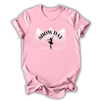 Pink t-shirt with 'SHOW DAY' and a dancer graphic on a white background
