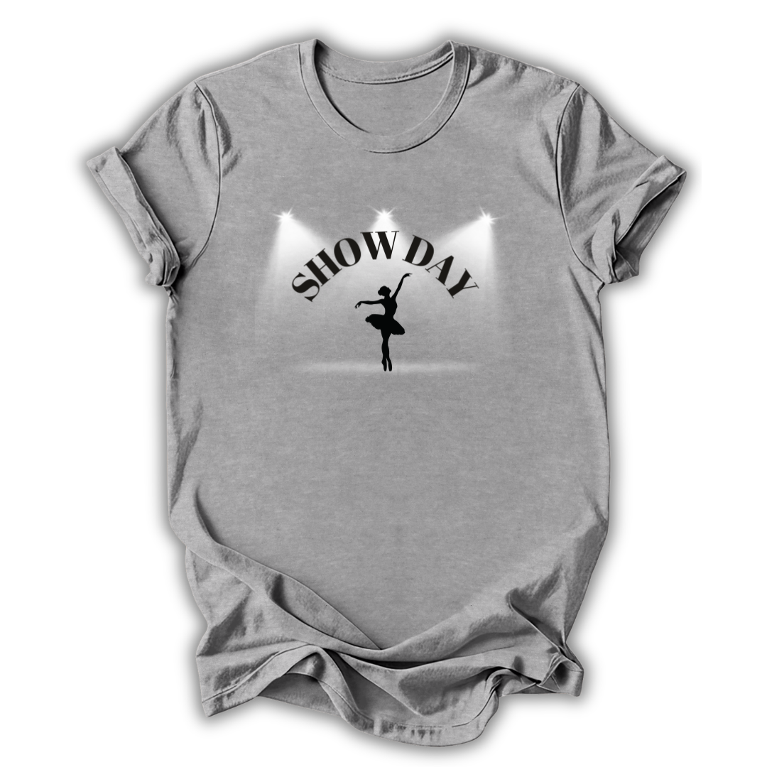 Gray t-shirt with 'SHOW DAY' and a dancer graphic on a white background