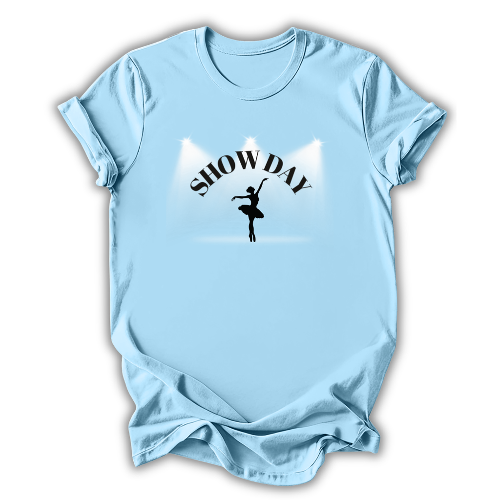 Light blue t-shirt with 'SHOW DAY' and a dancer silhouette design on a white background