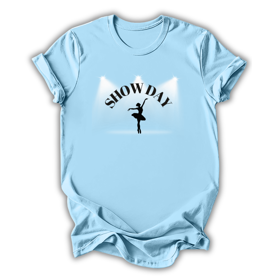 Light blue t-shirt with 'SHOW DAY' and a dancer silhouette design on a white background
