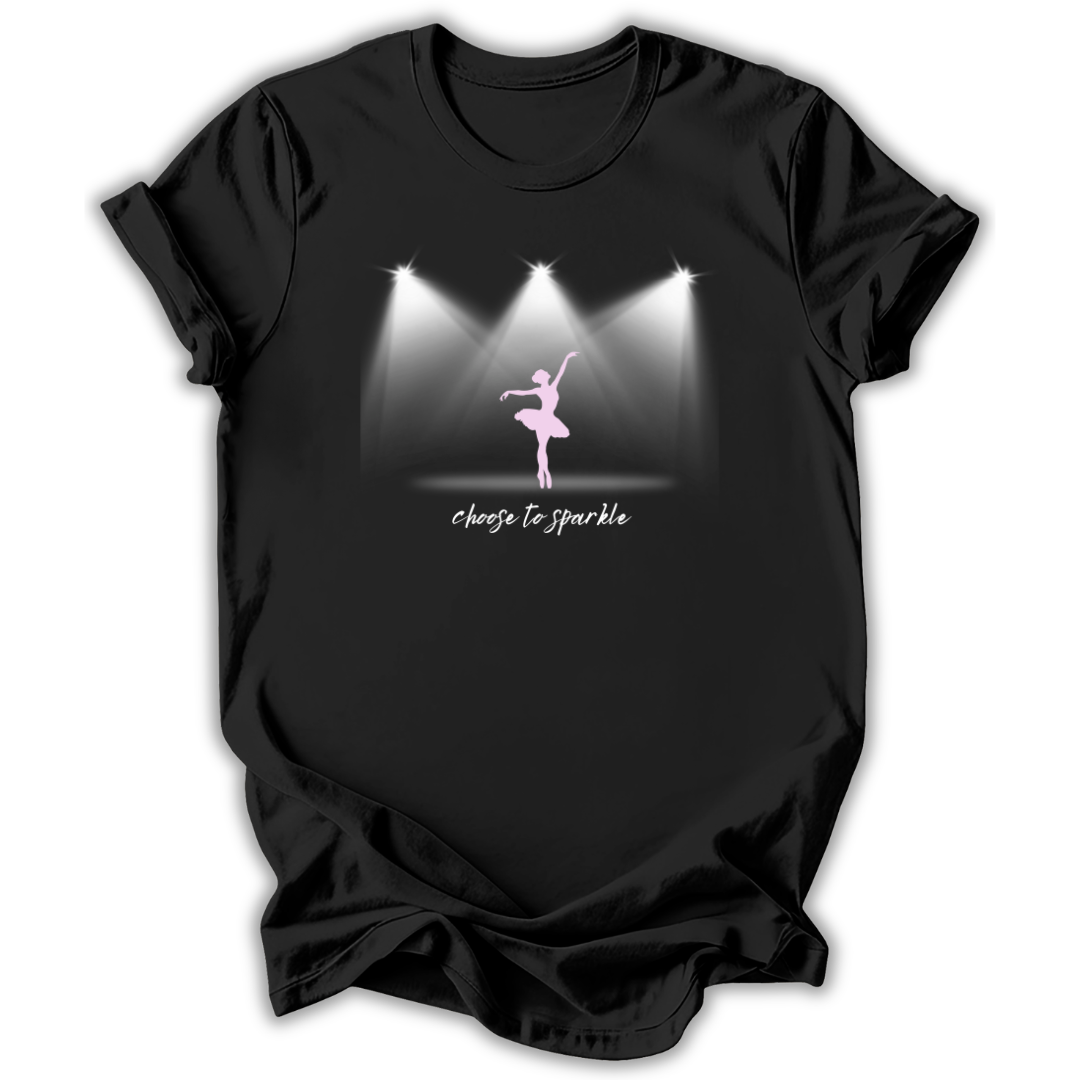 Black t-shirt with a graphic of a ballerina and 'choose to sparkle' text on a white background