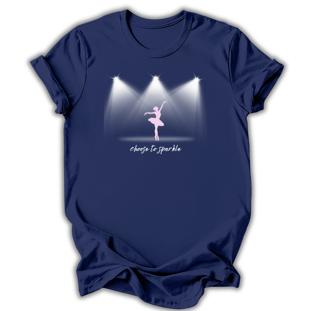 Navy blue t-shirt with a graphic of a ballerina and 'choose to sparkle' text on a white background