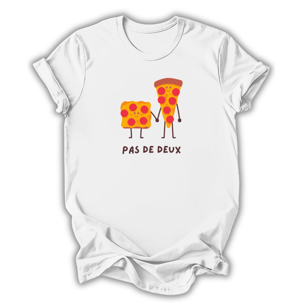 White t-shirt with cartoon pizza slices holding hands and 'Pas de Deux' text on a white background