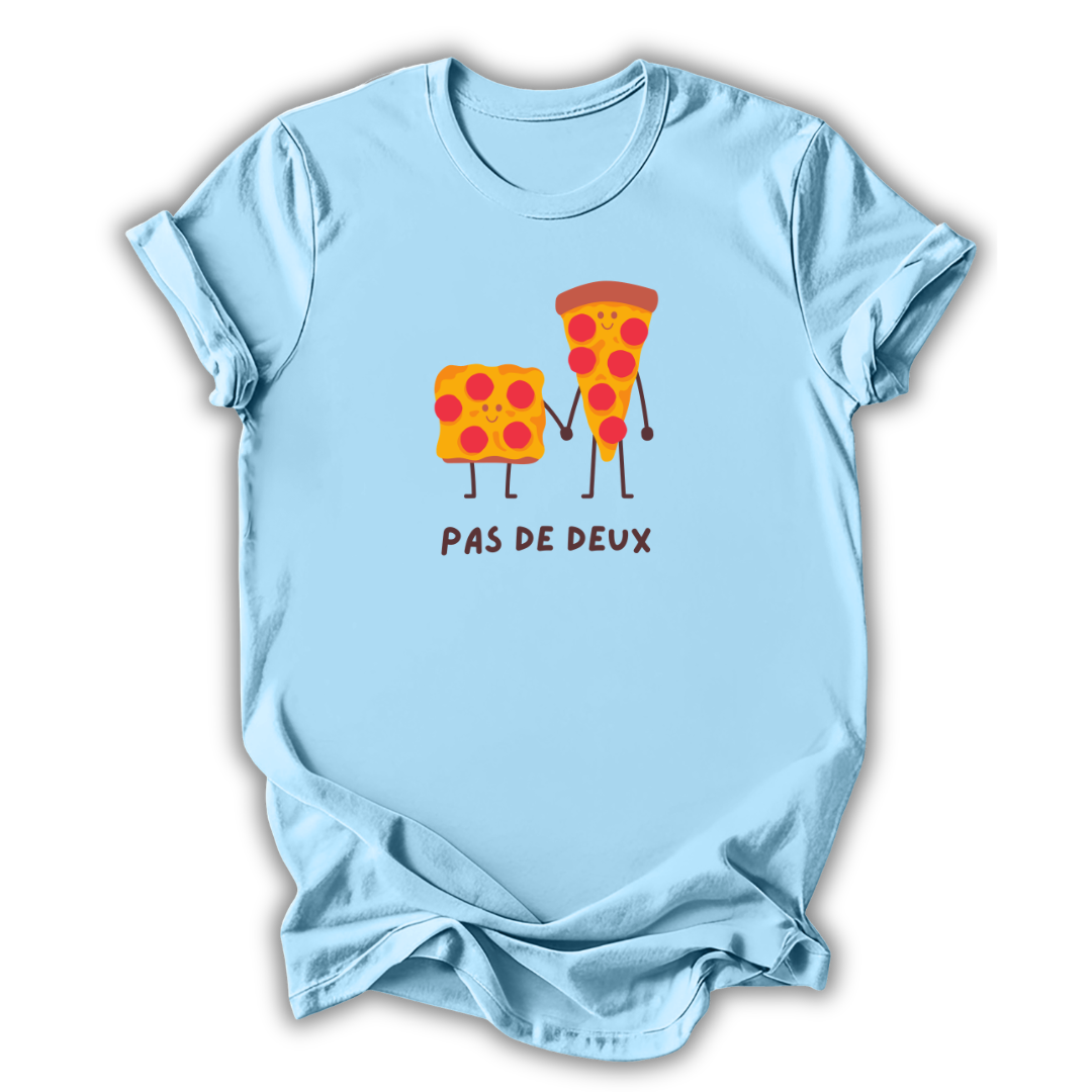 Light blue t-shirt with cartoon pizza slices holding hands and 'Pas de Deux' text on a white background