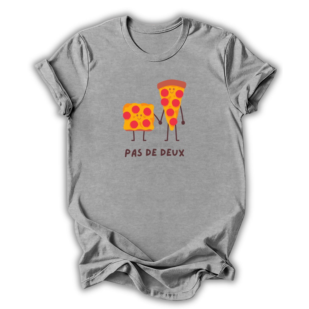 Gray t-shirt with cartoon pizza slices holding hands and 'Pas de Deux' text on a white background