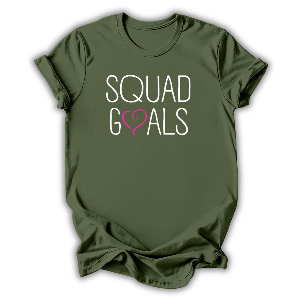 Green t-shirt with 'Squad Goals' text on a white background