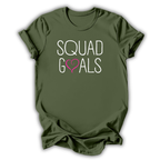 Green t-shirt with 'Squad Goals' text on a white background