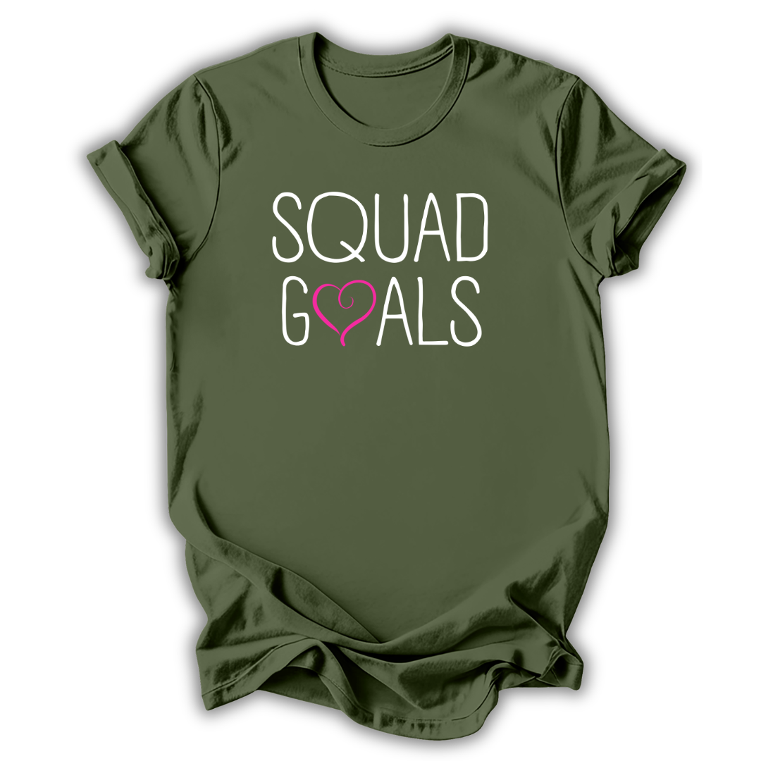 Green t-shirt with 'Squad Goals' text on a white background