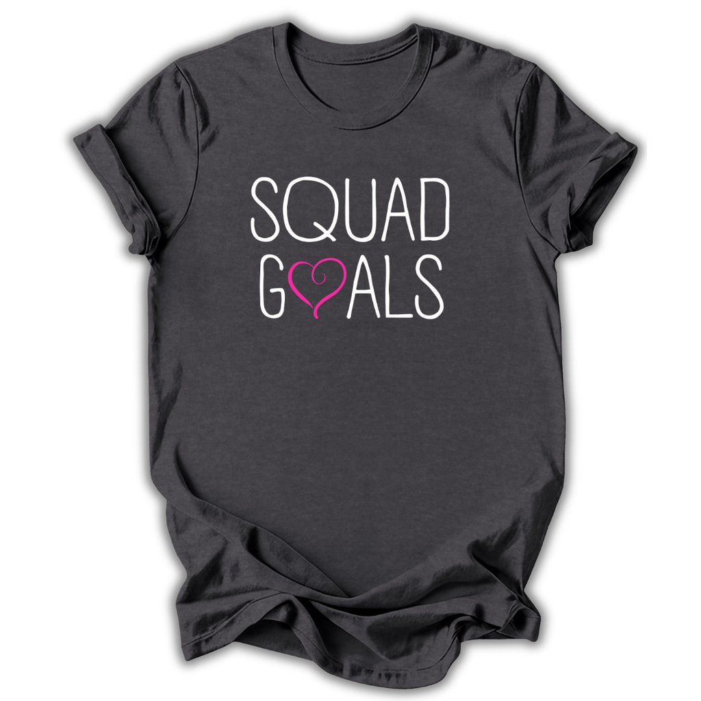 Black t-shirt with 'Squad Goals' text and heart design on a white background