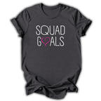 Black t-shirt with 'Squad Goals' text and heart design on a white background