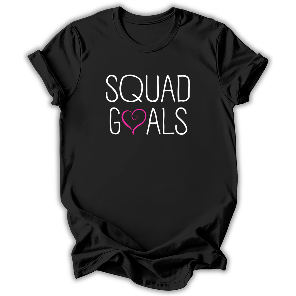 Black t-shirt with 'Squad Goals' text and heart design on a white background