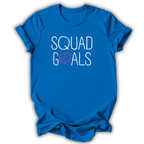 Blue t-shirt with 'Squad Goals' text on a white background