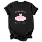 Black t-shirt with a pink tutu graphic and text on a white background