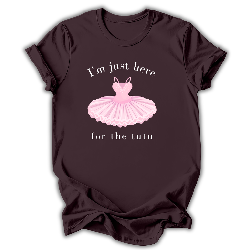 Brown t-shirt with pink ballet tutu graphic and text on a white background