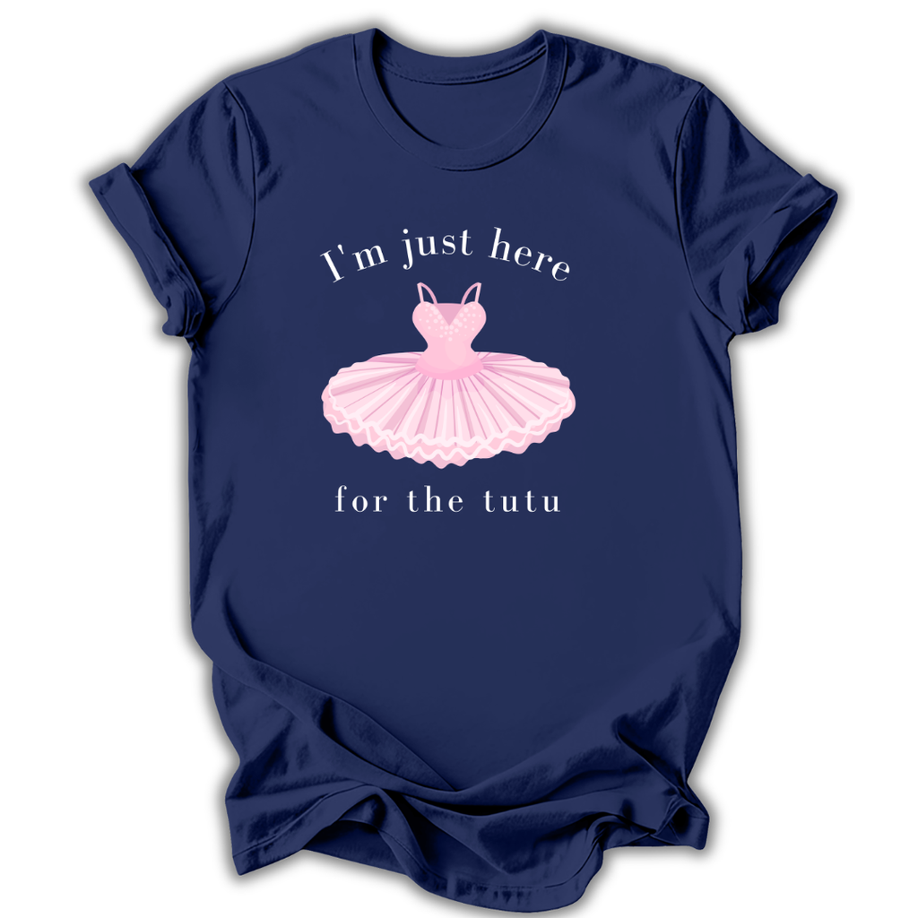 Navy blue t-shirt with pink ballet tutu graphic and text on a white background