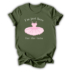 Green t-shirt with pink ballet tutu graphic and text on a white background
