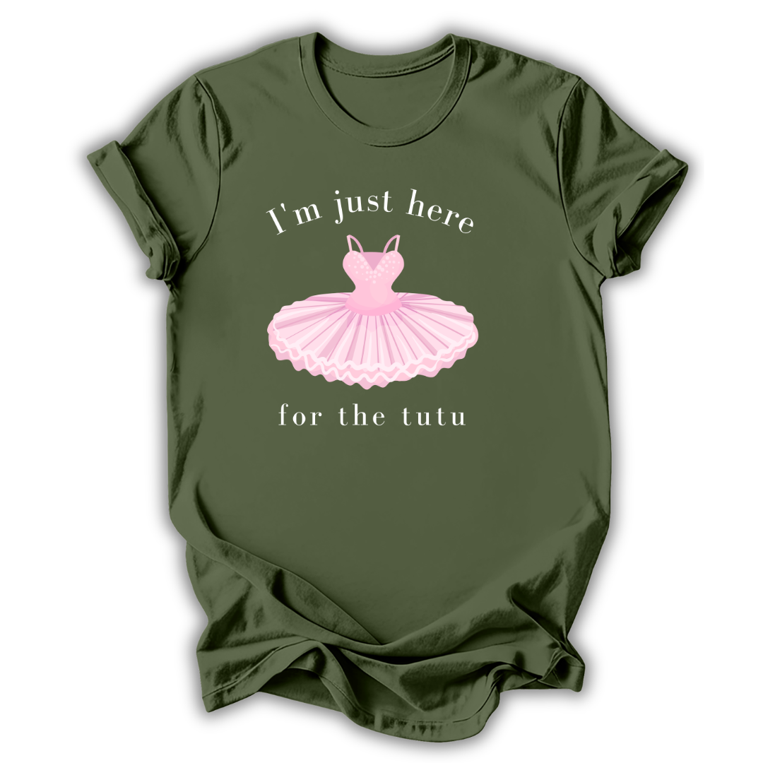 Green t-shirt with pink ballet tutu graphic and text on a white background