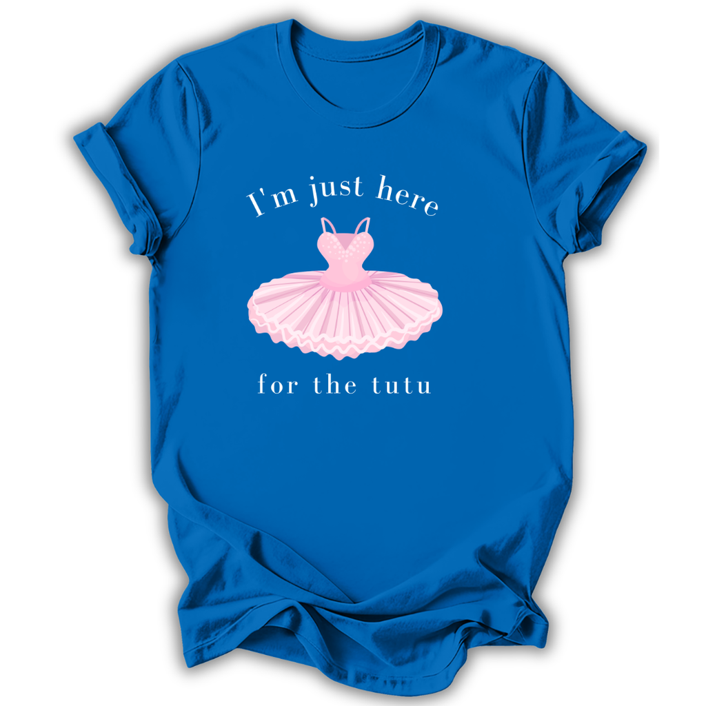 Blue t-shirt with a pink ballet tutu graphic and text on a white background
