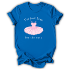 Blue t-shirt with a pink ballet tutu graphic and text on a white background