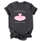 Dark gray t-shirt with a pink ballerina tutu graphic and text on a white background
