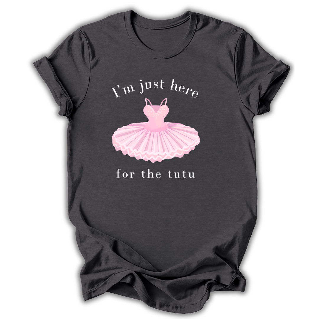 Dark gray t-shirt with a pink ballerina tutu graphic and text on a white background