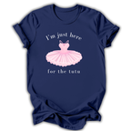 Navy blue t-shirt with pink ballet tutu graphic and text on a white background