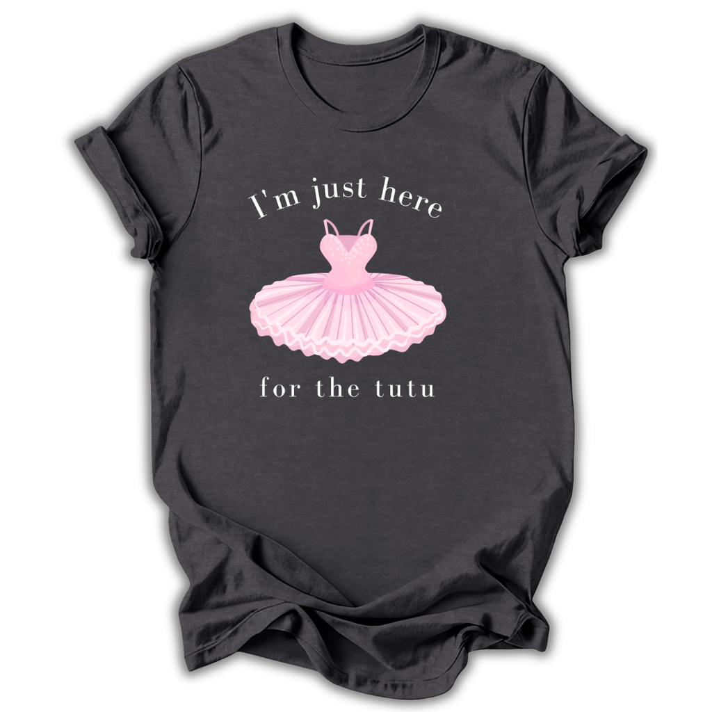 Dark gray t-shirt with a pink ballerina tutu graphic and text on a white background