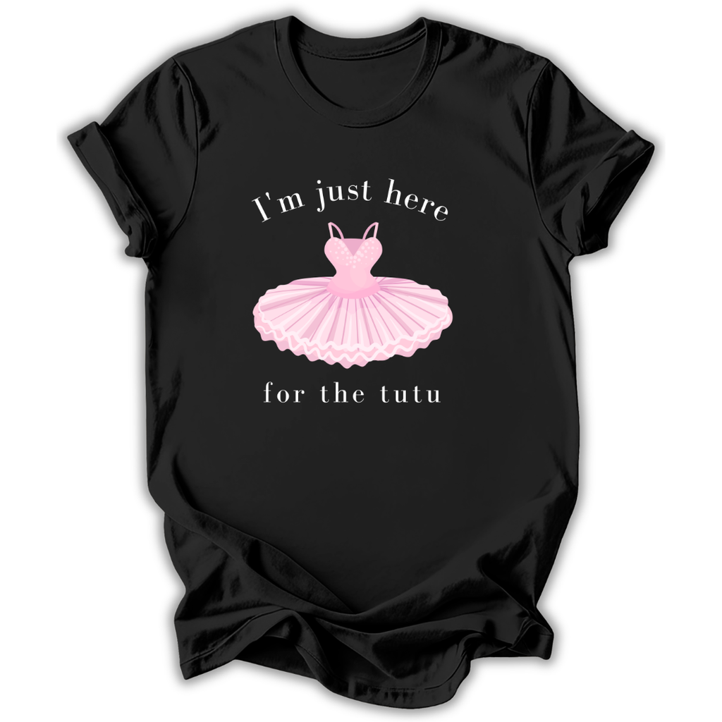 Black t-shirt with a pink tutu graphic and text on a white background