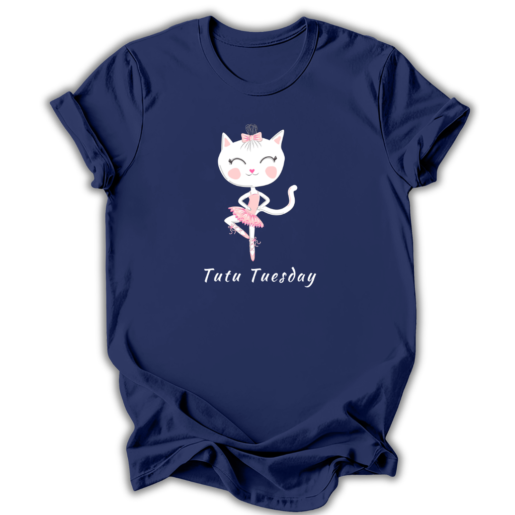 Navy blue t-shirt with a cartoon cat in a ballet outfit and 'Tutu Tuesday' text on a white background