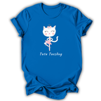 Blue t-shirt with a cartoon cat in a ballet outfit and 'Tutu Tuesday' text on a white background