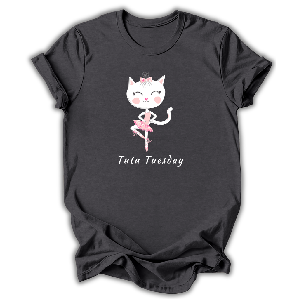 Dark gray t-shirt with a cartoon cat in a ballet outfit and 'Tutu Tuesday' text on a white background