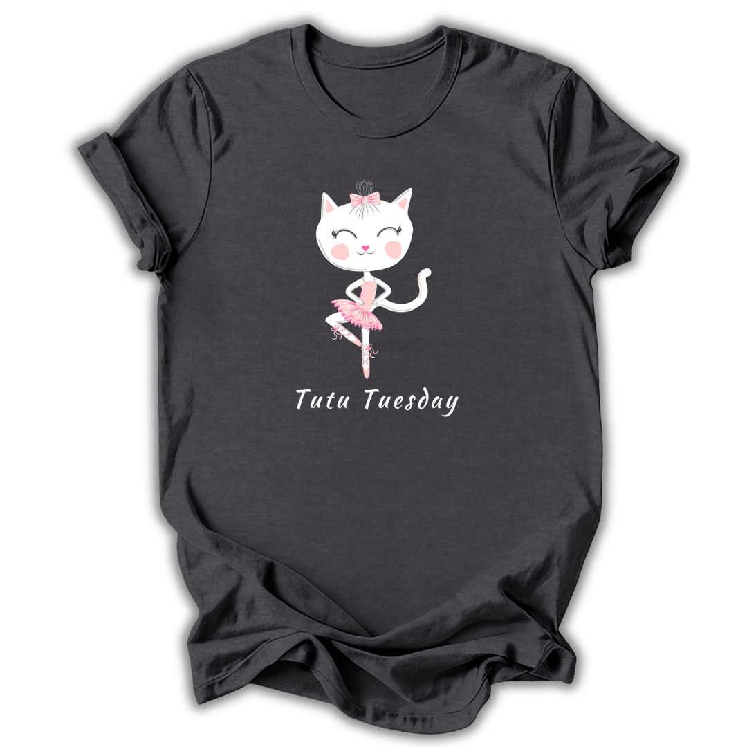 Dark gray t-shirt with a cartoon cat in a ballet outfit and 'Tutu Tuesday' text on a white background