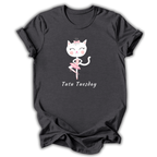 Dark gray t-shirt with a cartoon cat in a ballet outfit and 'Tutu Tuesday' text on a white background