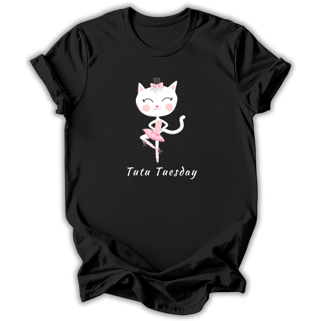 Black t-shirt with a cartoon cat in a ballet pose and 'Tutu Tuesday' text on a white background