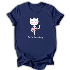 Navy blue t-shirt with a cartoon cat in a ballet outfit and 'Tutu Tuesday' text on a white background