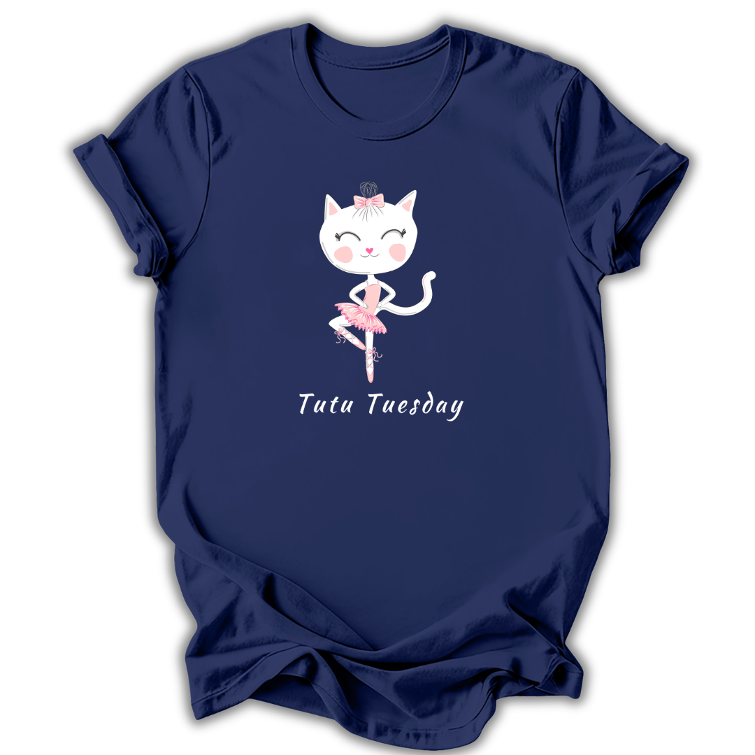 Navy blue t-shirt with a cartoon cat in a ballet outfit and 'Tutu Tuesday' text on a white background