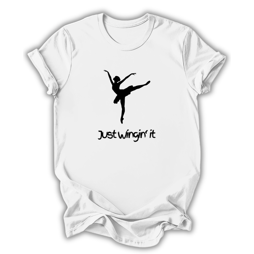 White t-shirt with a black silhouette of a dancer and 'Just Wingin' it' text on a white background