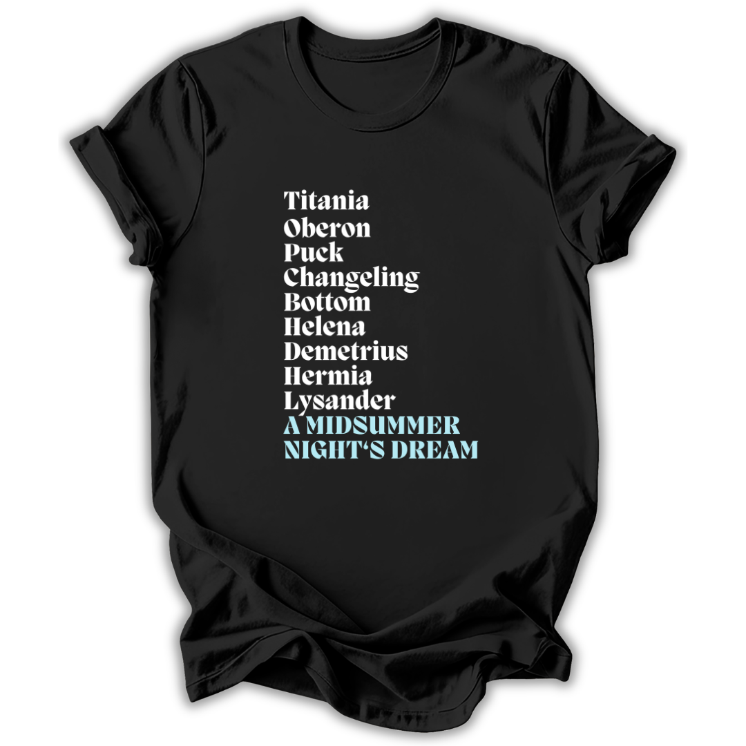 Black t-shirt with 'A Midsummer Night's Dream' character names printed in white and blue on a white background