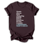 Brown t-shirt with text of characters from 'A Midsummer Night's Dream' on a white background