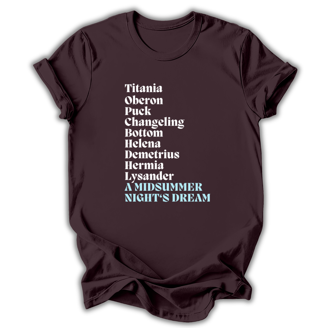 Brown t-shirt with text of characters from 'A Midsummer Night's Dream' on a white background