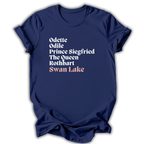 Navy blue t-shirt with white and pink Swan Lake Cast text on a white background