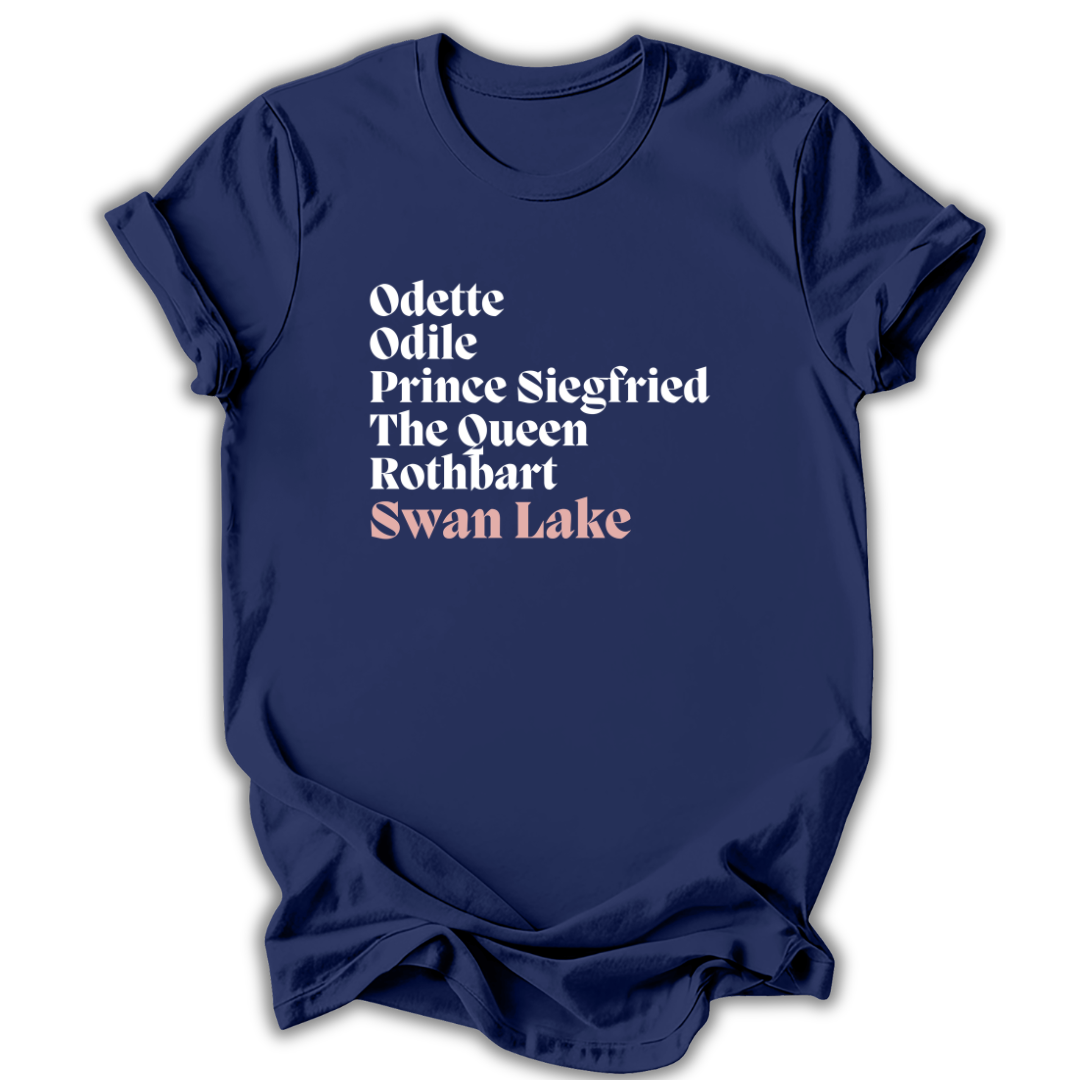 Navy blue t-shirt with white and pink Swan Lake Cast text on a white background